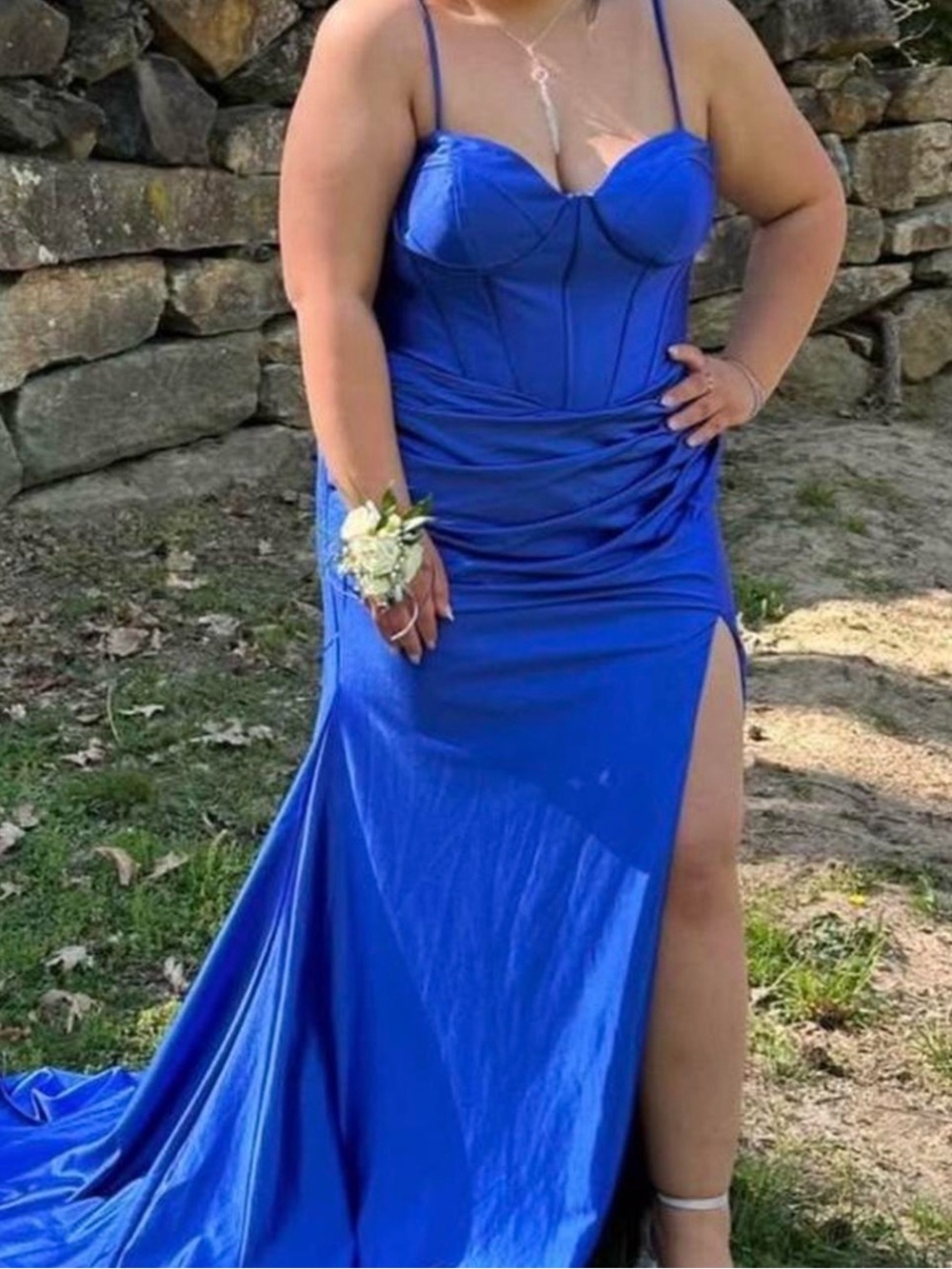 Cobalt Blue Spaghetti Strap Prom Dress with Front Slit on